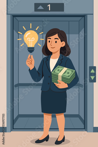 Businesswoman in elevator with money and lightbulb idea. Startup growth concept. Financial success. Innovation strategy. Career development. Investment profit. Corporate achievement.