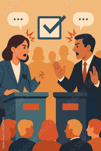 Political debate illustration. Man and woman candidates in intense argument at podiums. Election campaign, public speaking, political discourse, democracy, voting decision. Leaders clash.