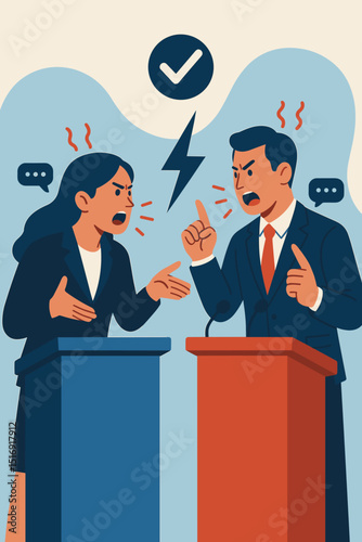 Political leaders debate vector. Man woman arguing at podiums. Election campaign conflict. Heated discussion. Candidates confrontation. Public speaking. Political disagreement concept.