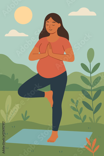 Pregnant woman practicing yoga serenity tree pose outdoor. Prenatal exercise, mindfulness, healthy lifestyle. Expectant mother meditating in nature for wellness. Vector illustration.