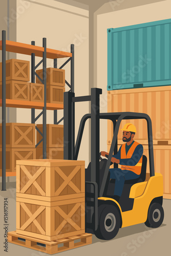 Forklift operator working in warehouse, moving cargo boxes on pallet for logistics, storage, distribution. Supply chain management, inventory control, industrial shipping, freight delivery vector.