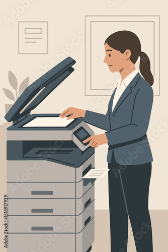 Businesswoman using office printer for document management. Female employee operating copier machine. Efficient printing, scanning, copying. Workplace productivity. Office life.