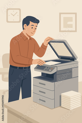 Office worker man at photocopier, efficiently printing documents. Businessman using multifunction printer for copying and scanning. Workplace productivity, business tasks, administrative support.