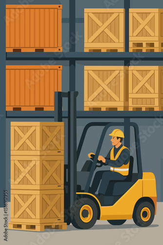Warehouse logistics, forklift operator loading cargo crates on shelves. Storage, distribution center, supply chain management. Industrial freight transportation and inventory handling.