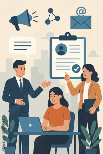Public relations team collaboration in modern office. Marketing strategy meeting with communication icons like megaphone, email. Business people working on campaign. PR concept.