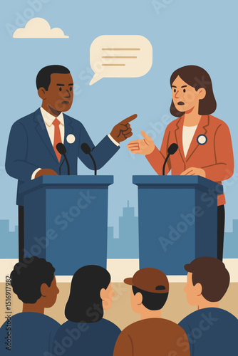 Political debate illustration. Man and woman candidates discussing, arguing on stage with microphones. Public speaking, election campaign concept. Diverse audience watching. Politics, government.