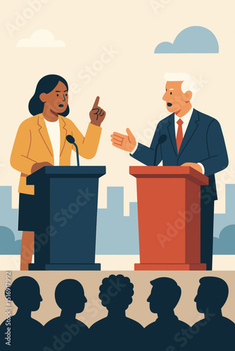 Candidates in political debate on stage. Man and woman at podiums discussing, arguing. Election campaign, public speaking, democracy concept. Leaders, audience, political forum vector.