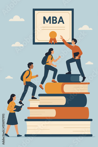 Climbing to success with MBA degree. Students on books ladder. Education, career growth, achievement. Learning & development concept. University knowledge. Social mobility vector.