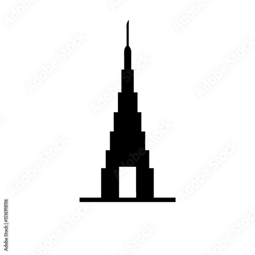 Illustration of a black pixel art tower building design with a doorway and spire top