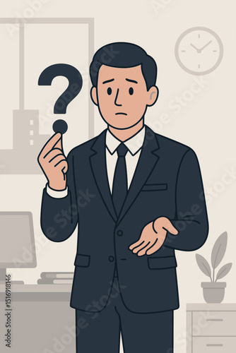 Businessman seeking office guidance, confused character holding question mark. Problem, doubt, query concept. Professional decision making, solution finding. Corporate challenge.
