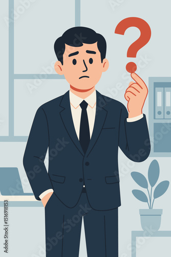 Confused businessman seeking office guidance. Puzzled male employee with question mark. Business problem, solution concept. Uncertainty, decision making. Corporate worker thinking.