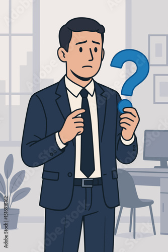 Confused businessman in office suit holding big blue question mark. Puzzled male professional character seeking guidance, solutions. Business dilemma, problem, uncertainty concept.