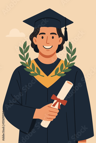 Smiling graduate student in cap and gown holding diploma. Academic achievement celebration. University college graduation ceremony. Education success concept. Laurel wreath award vector illustration.