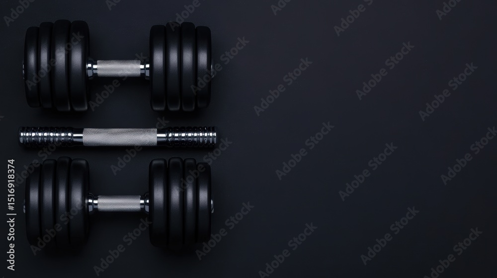A top-down view of black dumbbells with a silver grip set against a dark background, ideal for fitness-related content, gym promotions, and exercise guides A top-down view of black dumbbells with a silver grip set against a dark background, ideal for fitness-related content, gym promotions, and exercise guides