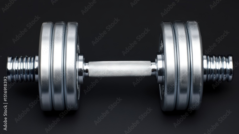 Naklejka premium A close-up image of a shiny dumbbell against a dark background, perfect for fitness-related content, gym promotions, and health articles, This image can add visual appeal to workout programs,