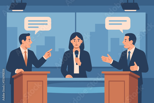 Live TV debate show vector illustration. Moderator with microphone and two political candidates at podiums. Election campaign, public speaking. News broadcast, media event, discussion.