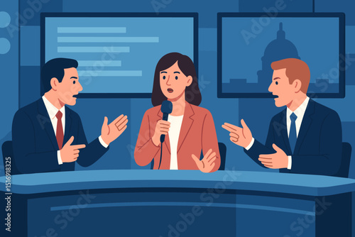 TV debate show. Political panel discussion. Live broadcast news. Politicians talking. Media interview. Public discourse. Current affairs. Communication concept. Studio discussion. Election debate.