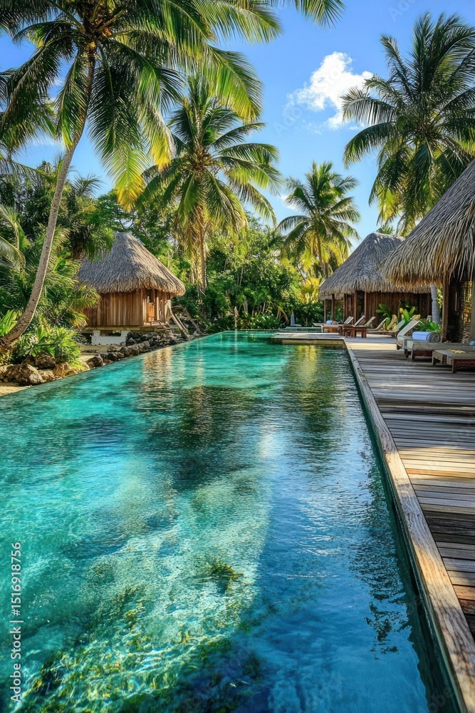 Fototapeta premium Tropical overwater pool, thatched bungalows