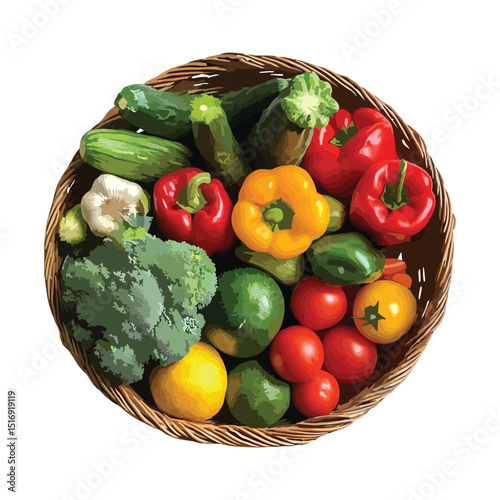 Fresh organic vegetables beautifully arranged in a wicker basket healthy eating concept