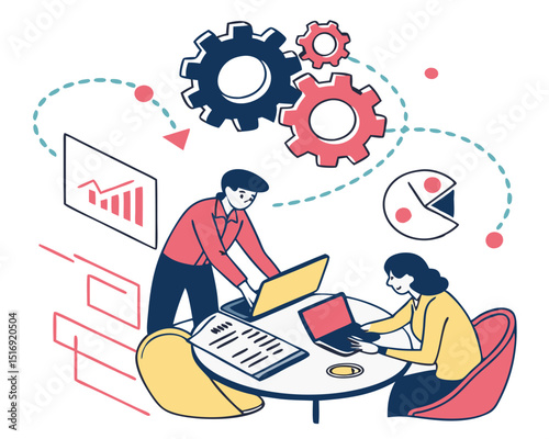 Vector illustration concept of business meeting, teamwork, training, improving professional skill. Creative flat design for web banner, marketing material, business presentation