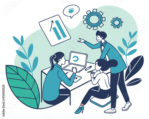 Vector illustration concept of business meeting, teamwork, training, improving professional skill. Creative flat design for web banner, marketing material, business presentation
