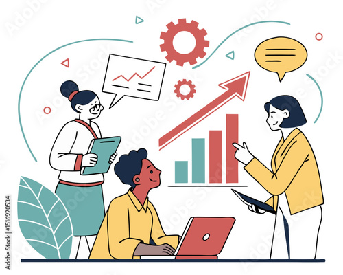Vector illustration concept of business meeting, teamwork, training, improving professional skill. Creative flat design for web banner, marketing material, business presentation