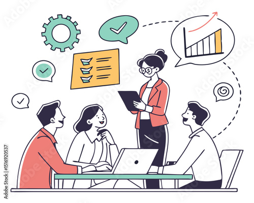 Vector illustration concept of business meeting, teamwork, training, improving professional skill. Creative flat design for web banner, marketing material, business presentation