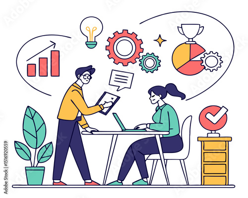 Vector illustration concept of business meeting, teamwork, training, improving professional skill. Creative flat design for web banner, marketing material, business presentation