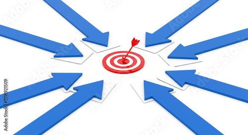 Red target with arrow in center surrounded by blue arrows pointing inwards on a white background