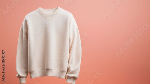 Cream-colored sweatshirt hangs against a peach background