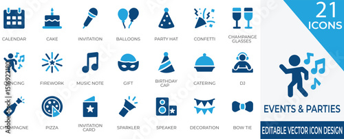 Fun and festive filled icon set perfect for parties, birthdays, and celebrations. Includes gifts, decorations, music, and everything needed for a lively event.