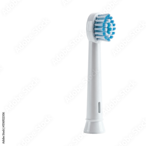 Ultra realistic electric toothbrush replacement head, 3/4 view, with clear contours and lifelike accuracy, against a clean plain transparent background with no shadows. Concept for dental hygiene