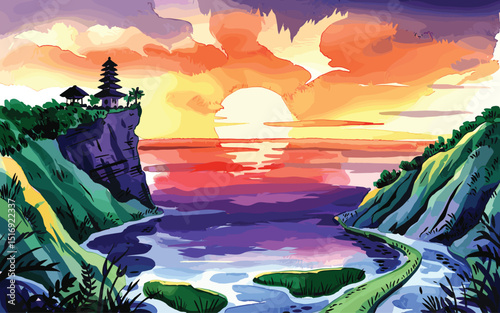 watercolour  illustration of sunset on bali island landmark and mountain, lake, river