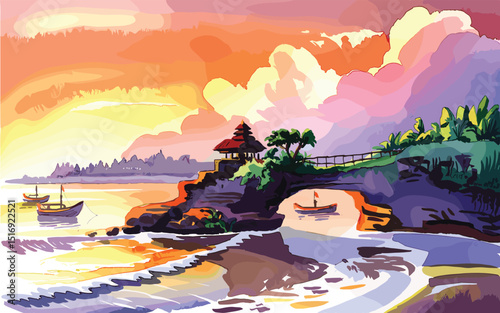 watercolour  illustration of sunset on bali island landmark and mountain, lake, river