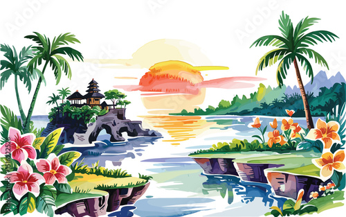 watercolour  illustration of sunset on bali island landmark and mountain, lake, river