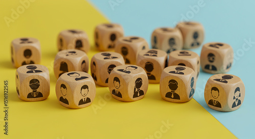 Close up of wooden dice with human face icons scattered on a yellow and blue background surface