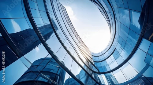 Looking up at a modern office building with blue glass windows reflecting the sky and an oval shaped skylight.