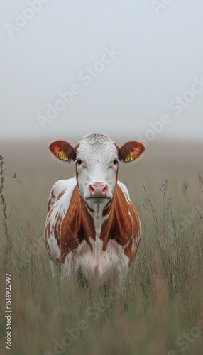 A cow, mostly reddish-brown and white, stands in a field of tall grass, facing the viewer, on a misty day