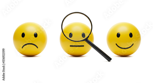 Three yellow emoji balls with different expressions and a magnifying glass on a white background