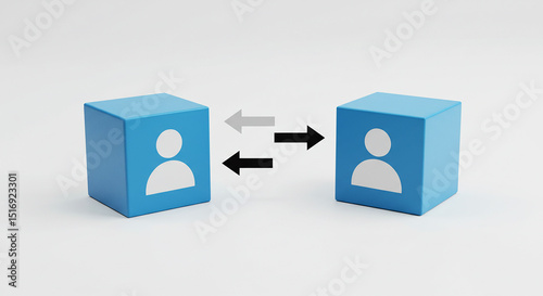 Blue cubes with person icon and arrows indicating exchange on a white background in a studio shot