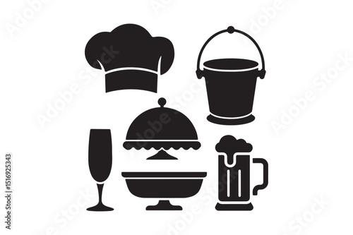 Restaurant Icon Set Chef Hat, Bucket, Beer Mug, Glass, Serving Tray Silhouettes