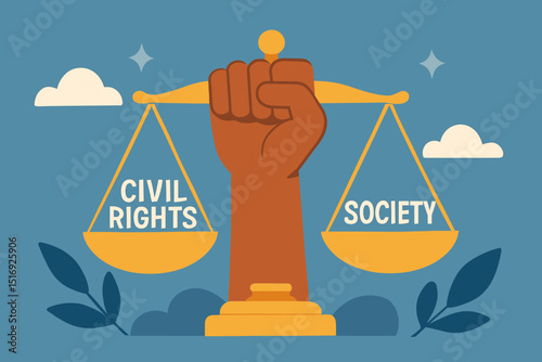 Raised fist holding scales of justice, weighing civil rights against society. Social justice, equality, human rights, fairness, law, freedom, ethics, morality concept vector illustration.