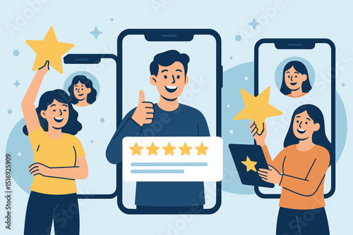 Five star client feedback concept. Customer review, satisfaction rating. People giving positive testimonials, quality service. Excellent user experience for mobile app or website.
