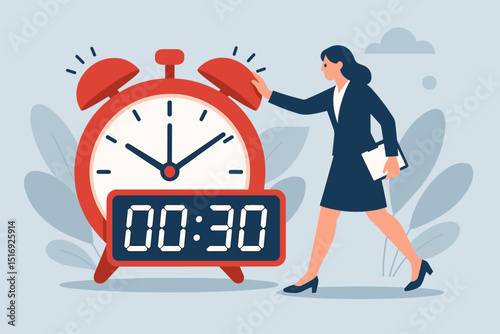 Time management concept. Businesswoman stopping ringing alarm clock. Deadline pressure and work productivity. Efficient organization. Punctual professional. Stress control. Chronometer