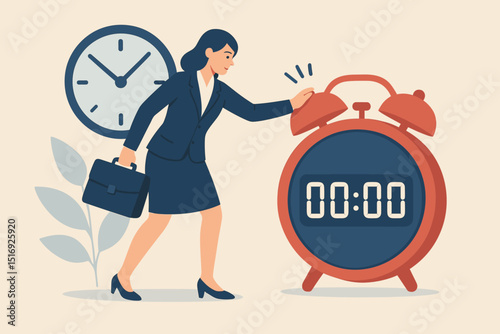 Time management concept. Businesswoman stopping alarm clock. Deadline, punctuality, organization, planning. Work efficiency, productivity. Stress, pressure, urgency metaphor.