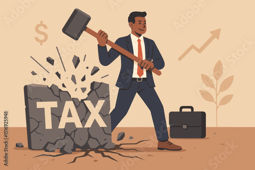 Businessman smashes tax burden with hammer. Financial breakthrough, tax cut, relief success concept. Metaphor for reducing expenses, economic growth, investment.