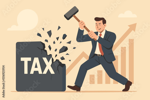 Tax breakthrough concept. Businessman smashing heavy tax burden with sledgehammer. Financial freedom, tax reduction strategy, fiscal relief. Overcoming challenges for growth.