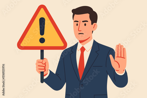 Businessman holding warning exclamation mark sign with stop hand gesture. Concept of risk, alert, caution, danger, business problem, important attention. Vector illustration.