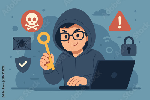 Hacker with ransomware key, laptop, cyber security threat. Phishing bug, malware attack, skull warning. Data encryption, online fraud, internet safety concept vector.