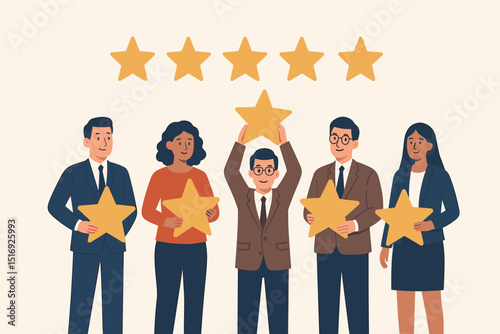 Five star customer feedback concept. Business team holding stars for excellent rating. Positive review, high quality service satisfaction. People with golden stars. Best evaluation.